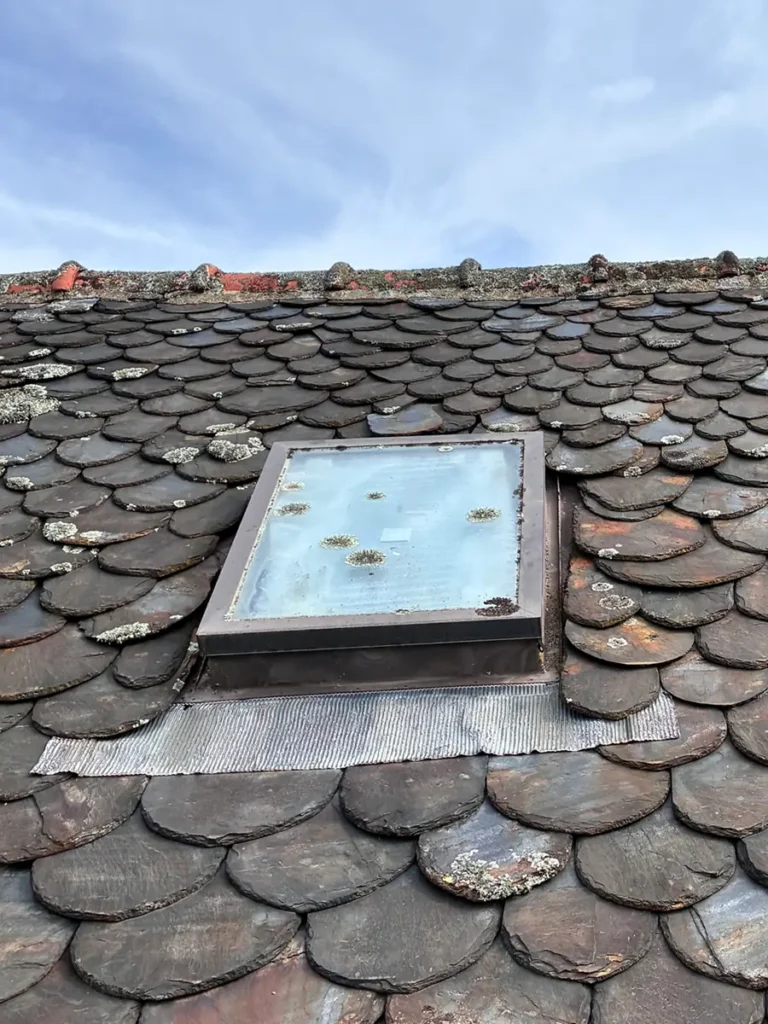 Ancienne fenêtre de toit Velux encrassée par la mousse avant les travaux.