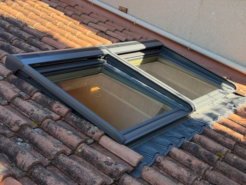 Installation extérieure d'une combinaison de deux fenêtres de toit VELUX avec volets roulants sur toiture en tuiles canal.